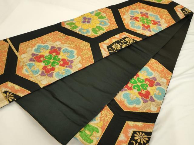 平和屋着物◎六通柄袋帯 亀甲花文 黒地 金糸 正絹 逸品 AAAU5128sx