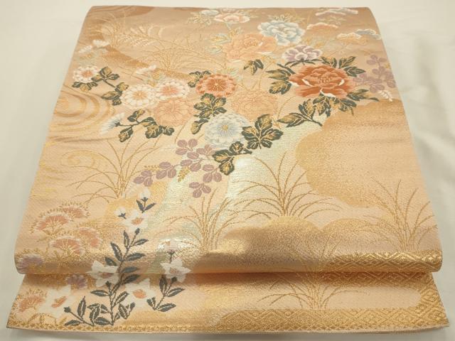 平和屋着物◎六通柄袋帯 唐織 流水花風景文 金糸 正絹 逸品 AAAU5187sx