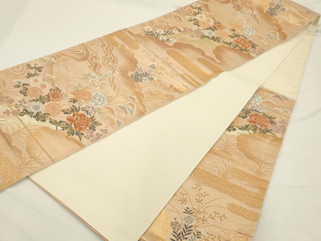 平和屋着物◎六通柄袋帯 唐織 流水花風景文 金糸 正絹 逸品 AAAU5187sx