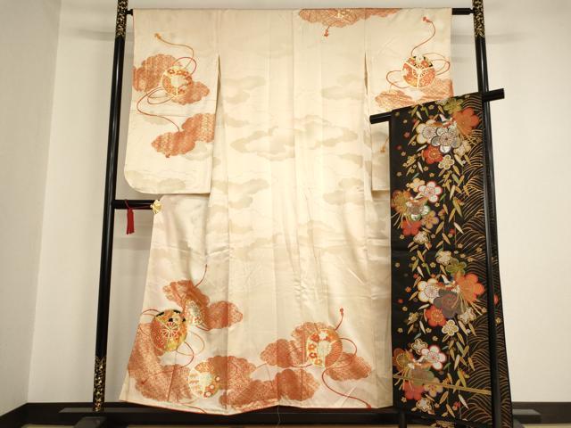 平和屋着物∵女の子 十三参り 子供 祝着・袋帯セット 駒刺繍 雲重ね扇花文 金彩 逸品 AAAU5288ja