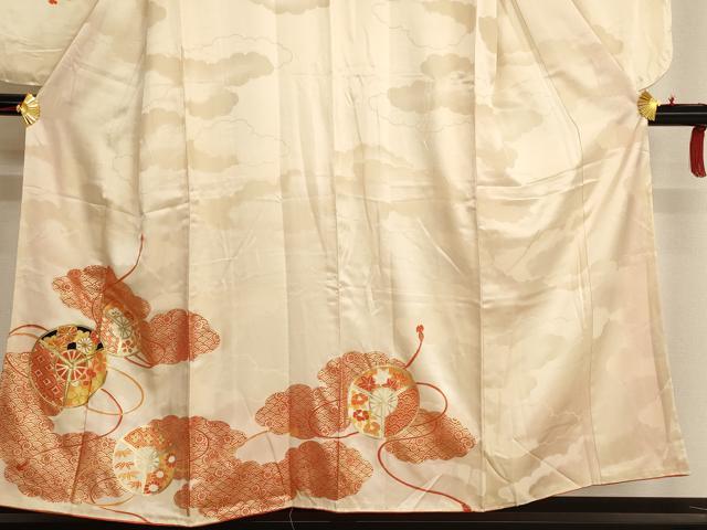 平和屋着物∵女の子 十三参り 子供 祝着・袋帯セット 駒刺繍 雲重ね扇花文 金彩 逸品 AAAU5288ja