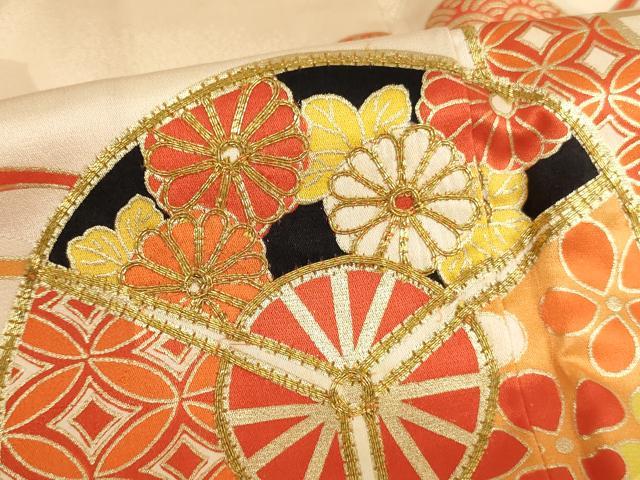 平和屋着物∵女の子 十三参り 子供 祝着・袋帯セット 駒刺繍 雲重ね扇花文 金彩 逸品 AAAU5288ja