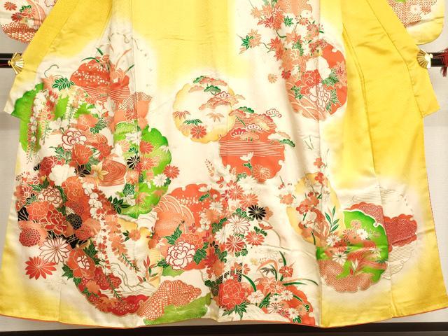 平和屋着物∵女の子 十三参り 子供 祝着 駒刺繍 雪輪花文 暈し染め 金彩 正絹 逸品 AAAU5448ja