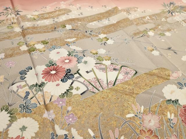 平和屋着物▽訪問着 単衣 エ霞草花文 暈し染め 金銀彩 正絹 逸品 AAAU6429iu