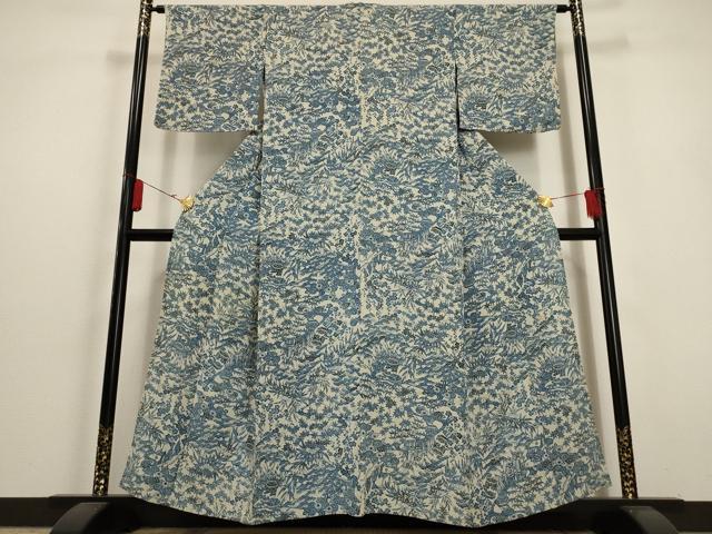 平和屋着物▽本場阿波藍染 角田智造 本藍型絵染 小紋 単衣 貝桶草花文 正絹 逸品 AAAU6431iu