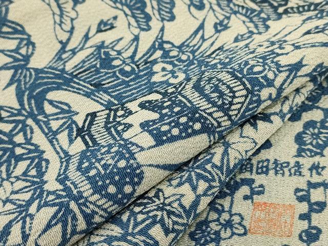 平和屋着物▽本場阿波藍染 角田智造 本藍型絵染 小紋 単衣 貝桶草花文 正絹 逸品 AAAU6431iu