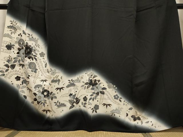 平和屋着物▽訪問着 単衣 辻が花 暈し染め 黒地 金彩 正絹 逸品 AAAU6449iu