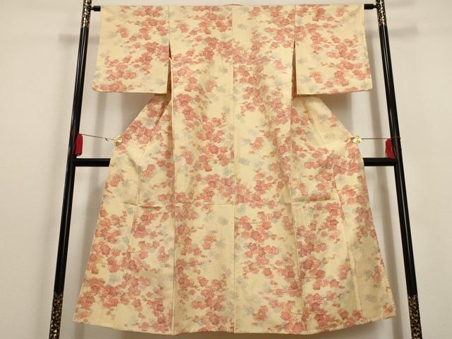 平和屋着物▽上質な紬 単衣 枝梅文 正絹 逸品 AAAU6457iu