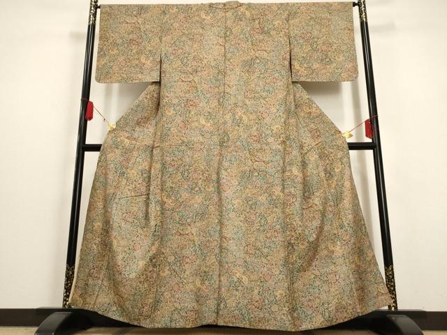 平和屋着物▽上質な小紋 単衣 切嵌更紗花文 正絹 逸品 AAAU6460iu