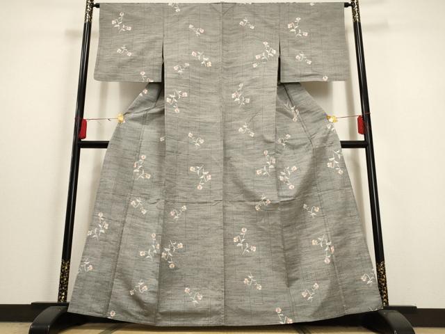 平和屋着物▽上質な紬 単衣 草花文 正絹 逸品 AAAU6471iu