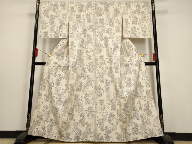 平和屋着物▽上質な紬 単衣 色紙重ね花唐草文 正絹 逸品 AAAU6479iu