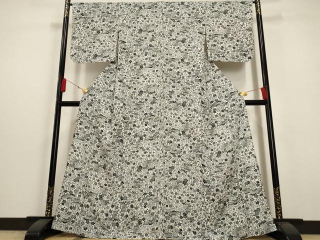 平和屋着物▽小紋 単衣 風景草花文 洗える着物 AAAU6485iu