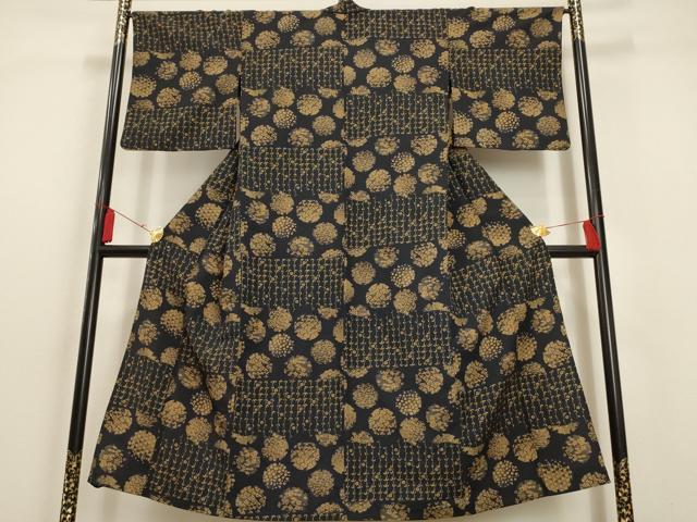 平和屋着物▽小紋 単衣 雪輪草花文 黒地 洗える着物 AAAU6490iu