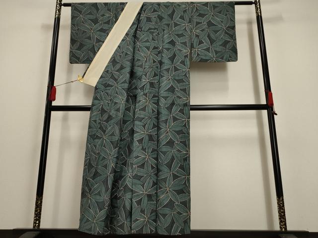 平和屋着物▽上質な紬 単衣 葉尽くし 正絹 逸品 AAAU6503iu