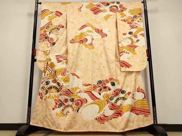 □七五三　正絹女児振り袖着物　金青海波　車輪　金駒刺繍　セミアンティーク 振袖 仮絵羽 刺繍 銀彩 銀通し紋意匠 正絹 未仕立て品 八掛付き