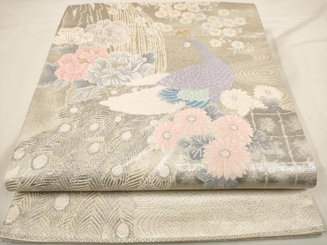 平和屋着物◎六通柄袋帯 唐織 孔雀花文 プラチナ箔二重織 正絹 逸品 AAAU7180dt