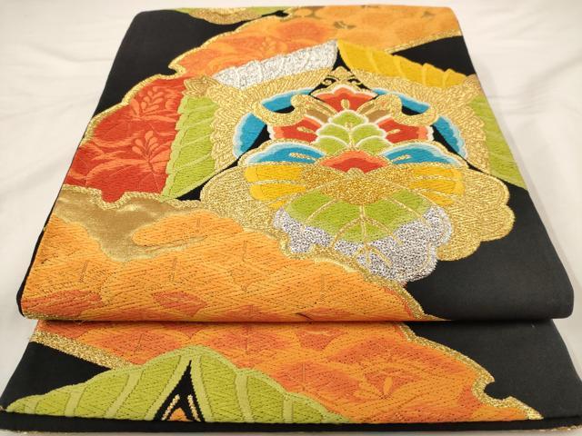 平和屋着物◎六通柄袋帯 唐織 双鶴雪輪文 黒地 金銀糸 正絹 逸品 AAAU7182dt