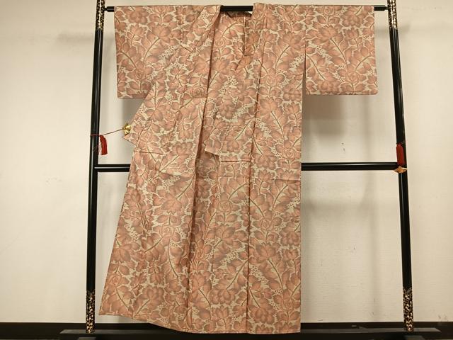 平和屋着物▽上質な紬 単衣 草花文 正絹 逸品 AAAU7954fy