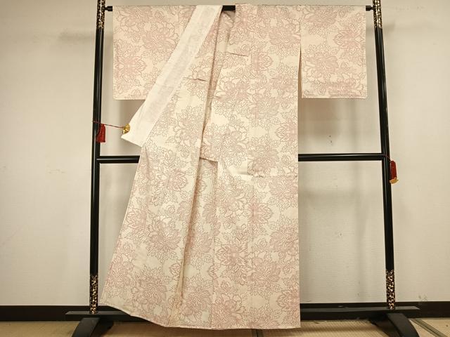 平和屋着物▽本場大島紬 単衣 白大島 7マルキ 草花文 正絹 逸品 AAAU7985fy