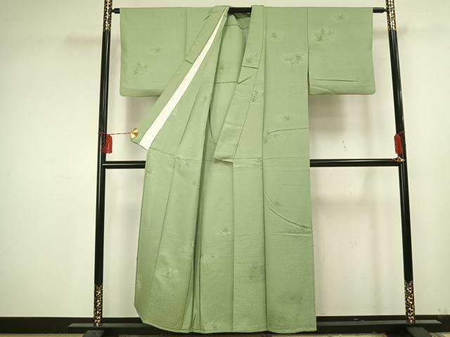 平和屋着物▽上質な色無地 単衣 草花地紋 裏葉柳色 正絹 逸品 AAAU7991fy