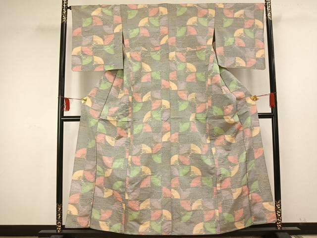 平和屋着物▽上質な紬 単衣 市松舞扇文 正絹 逸品 AAAU7995fy