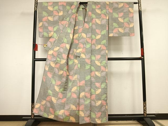 平和屋着物▽上質な紬 単衣 市松舞扇文 正絹 逸品 AAAU7995fy