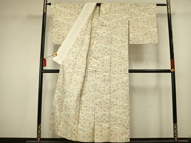 平和屋着物▽上質な紬 単衣 草花文 正絹 逸品 AAAU7996fy