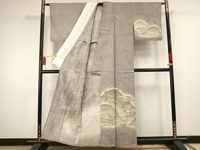 平和屋着物▽訪問着 単衣 ふくれ織 飛鶴風景文 正絹 逸品 AAAU7999fy