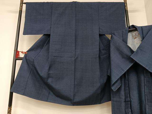平和屋着物●男性 紬 アンサンブル 色無地 鉄紺色 正絹 逸品 AAAU8037zg