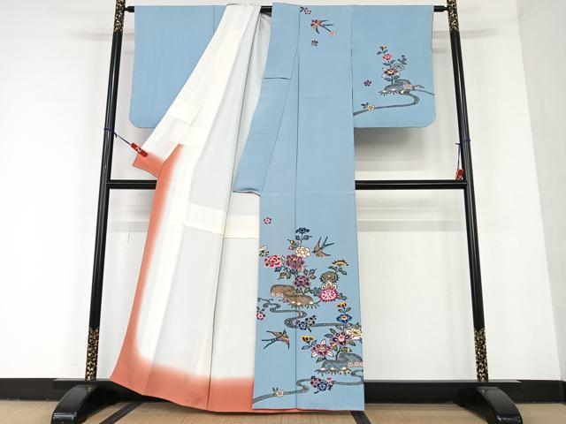 平和屋着物●本場琉球紅型 訪問着 流水花鳥文 正絹 逸品 AAAU8131zg