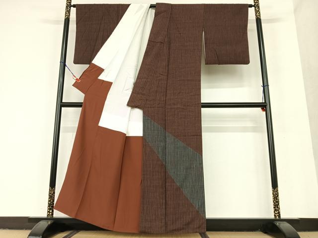 平和屋着物●訪問着 紬地 縞 正絹 逸品 AAAU8179zg
