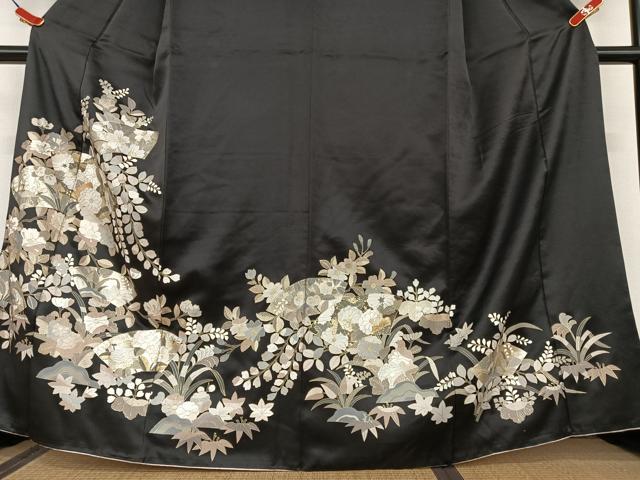 平和屋着物●訪問着 辻が花 地紙重ね花文 黒地 金彩 正絹 逸品 AAAU8206zg