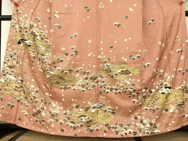 平和屋着物●訪問着 駒刺繍 松竹梅舞扇文 金彩 うそつき襦袢 正絹 逸品 AAAU8285zg
