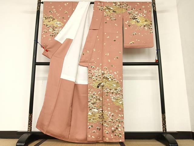 平和屋着物●訪問着 駒刺繍 松竹梅舞扇文 金彩 うそつき襦袢 正絹 逸品 AAAU8285zg