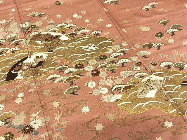 平和屋着物●訪問着 駒刺繍 松竹梅舞扇文 金彩 うそつき襦袢 正絹 逸品 AAAU8285zg