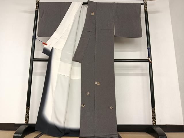 平和屋着物●訪問着 源氏香 万筋 銀鼠色×黒橡色 金彩 正絹 逸品 AAAU8433zg