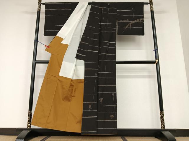 平和屋着物●本場大島紬 訪問着 刺繍 刺し子 人物風景文 正絹 逸品 AAAU8453zg