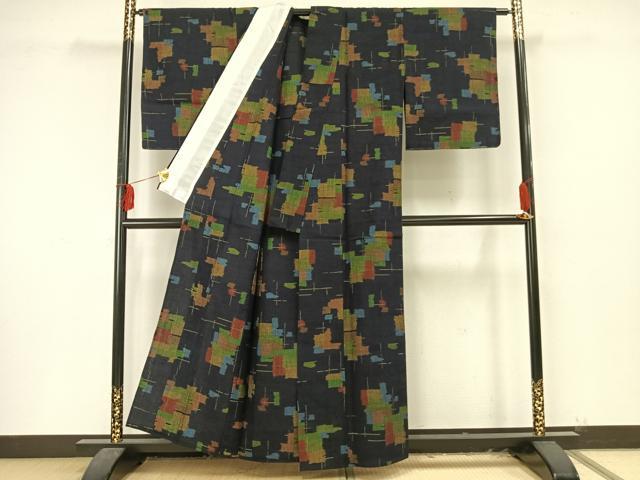 平和屋着物▽上質な紬 単衣 縮織 色紙重ね文 正絹 逸品 未使用 AAAU8520fy