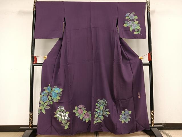 平和屋着物▽訪問着 単衣 作家物 雅峰 手描き 紫陽花 正絹 逸品 AAAU8522fy