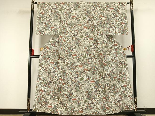 平和屋着物▽上質な小紋 単衣 型染め 草花文 正絹 逸品 AAAU8537fy