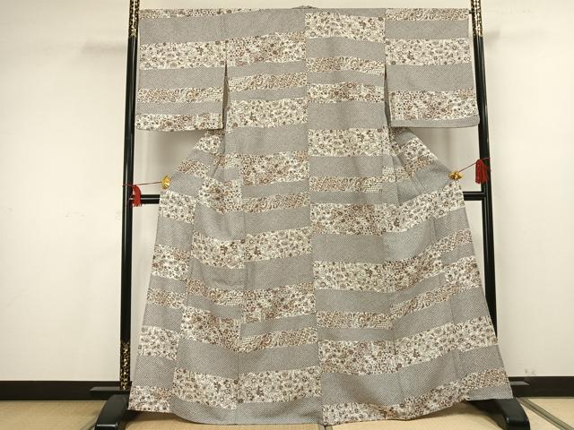 平和屋着物▽森英恵・HANAE MORI 小紋 単衣 横段草花文 やまと誂製 洗える着物 AAAU8557fy