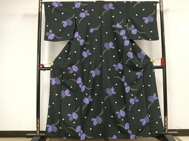 平和屋着物▽小紋 単衣 花蝶文 夜桜 黒地 洗える着物 AAAU8559fy