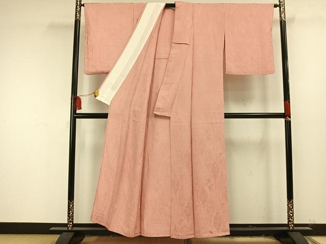 平和屋着物▽上質な色無地 単衣 立涌唐草花文 珊瑚色 正絹 逸品 AAAU8589fy