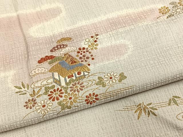 平和屋着物▽上質な小紋 単衣 絞り 風景草花文 正絹 逸品 AAAU8599fy