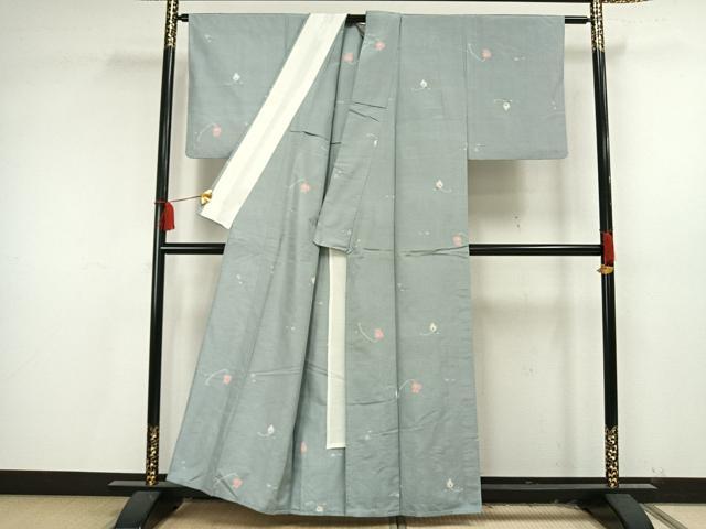 平和屋着物▽上質な紬 単衣 草花文 正絹 逸品 AAAU8601fy