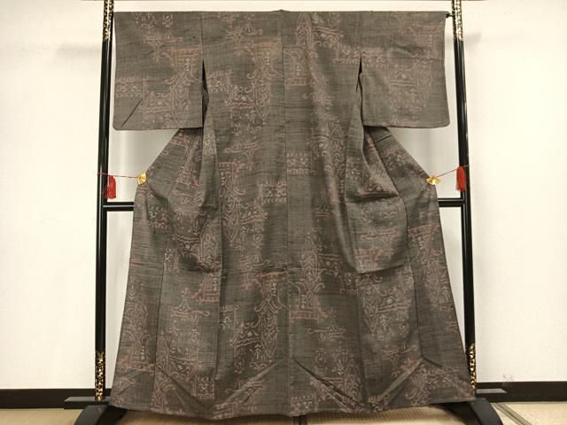 平和屋着物▽結城ちぢみ 単衣 オリエント花文 正絹 逸品 AAAU8603fy