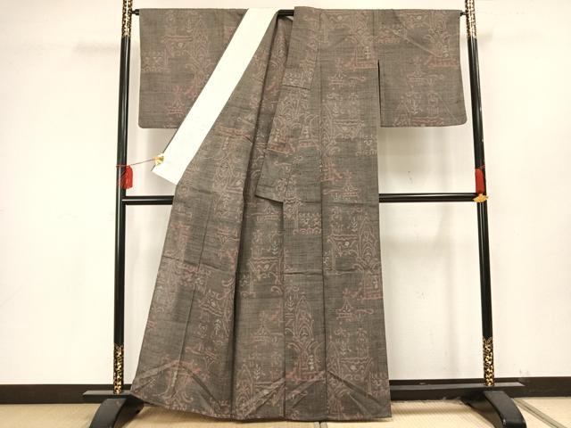 平和屋着物▽結城ちぢみ 単衣 オリエント花文 正絹 逸品 AAAU8603fy