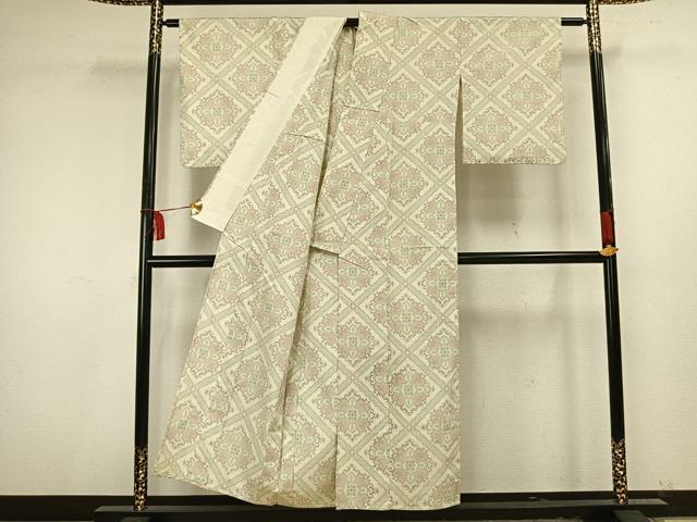 平和屋着物▽上質な紬 単衣 菱取り花文 正絹 逸品 AAAU8612fy