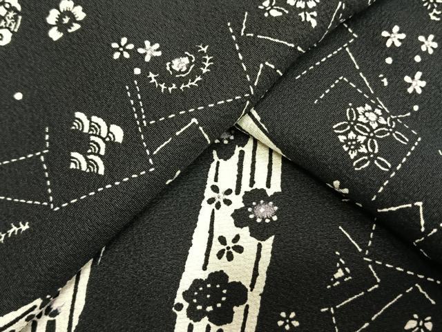 平和屋着物▽上質な小紋 単衣 草花文 黒地 正絹 逸品 AAAU8656fy