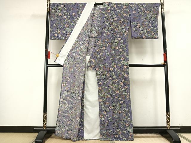 平和屋着物▽小紋 単衣 草花文 鬼しぼ縮緬 洗える着物 AAAU8660fy